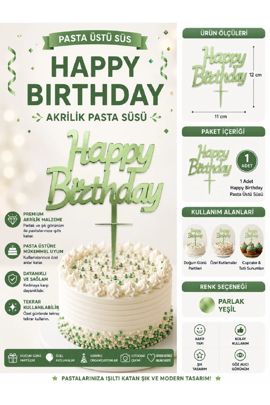 İyiki Doğdun ve Happy Birthday Pasta Üstü Süsü Yazısı Akrilik Parlak Doğum Günü Pasta Yazısı Topper 11x12 cm Doğum Günü Parti Pastası Dekoru
