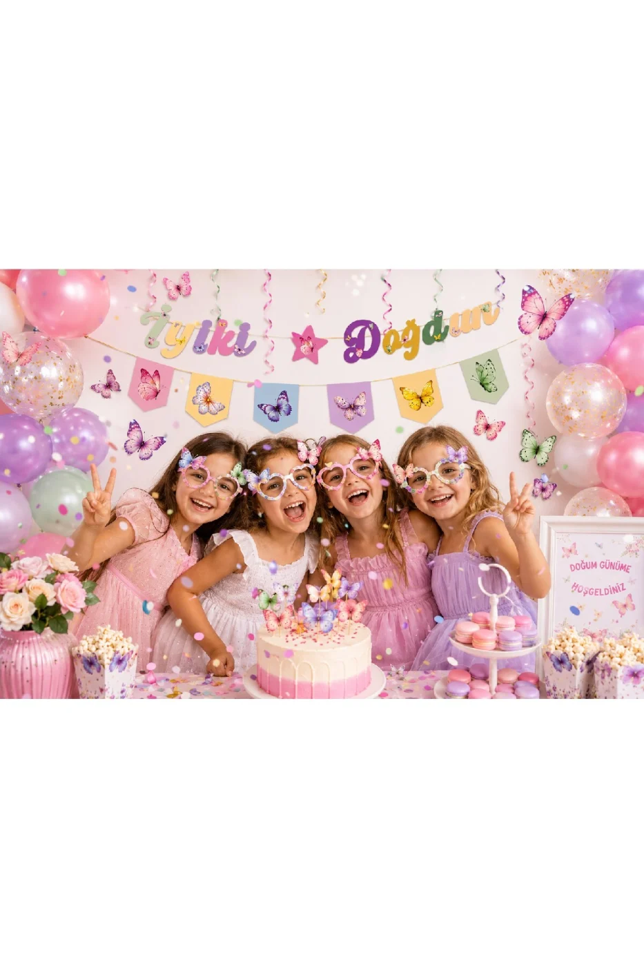 Kelebek Parti Seti 6 Parça | Doğum Günü Süsleri | İyi Ki Doğdun Banner | 3D Gözlük | Pasta Süsü | Mısır Kutusu gorsel 8