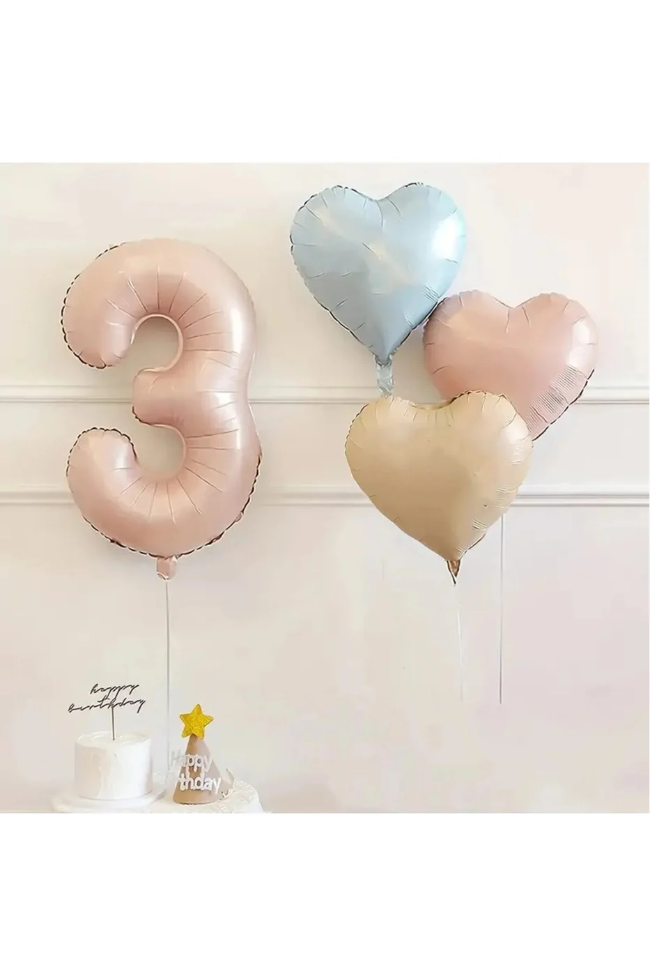 3 Yaş Pembe Rakam Folyo Balon Retro Mavi Pembe Satin Kalp Folyo Balon Doğum Günü Balon Seti gorsel 4