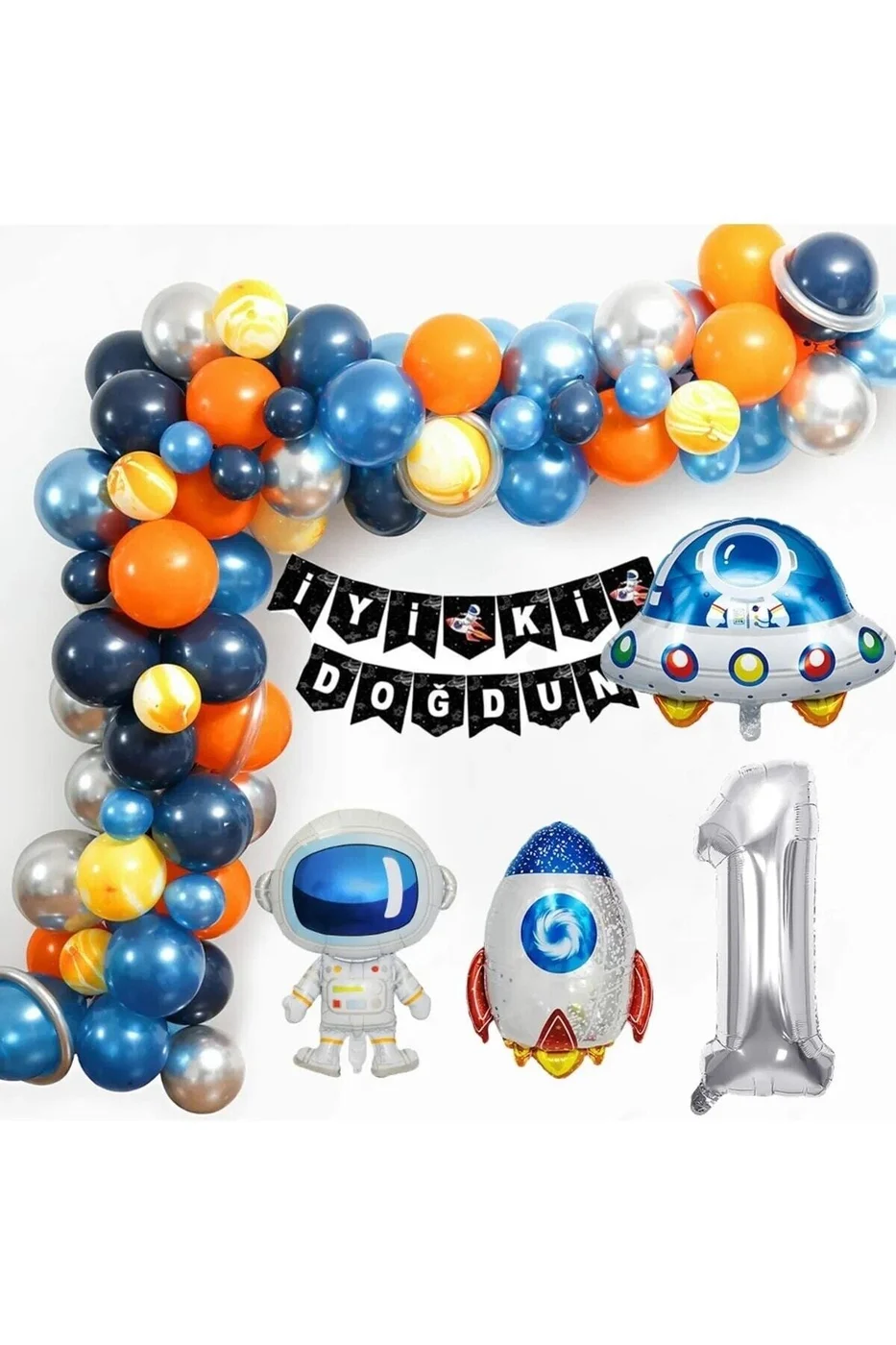 Uzay Temalı Doğum Günü Seti 1 Yaş; 4 Adet Folyo, 50 Lateks Balon, Banner, Balon Zinciri, Balon Bandı