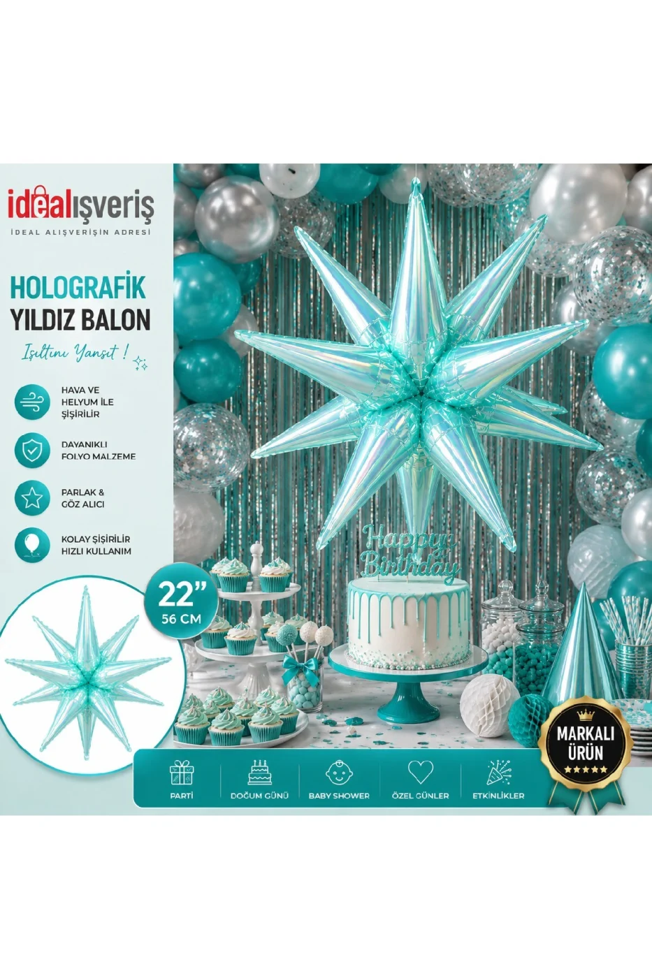 22 İnç Holografik 3D Kutup Yıldız Folyo Balon Neon (Renk) Parti Süsü Helyum Uyumlu 56 cm gorsel 3