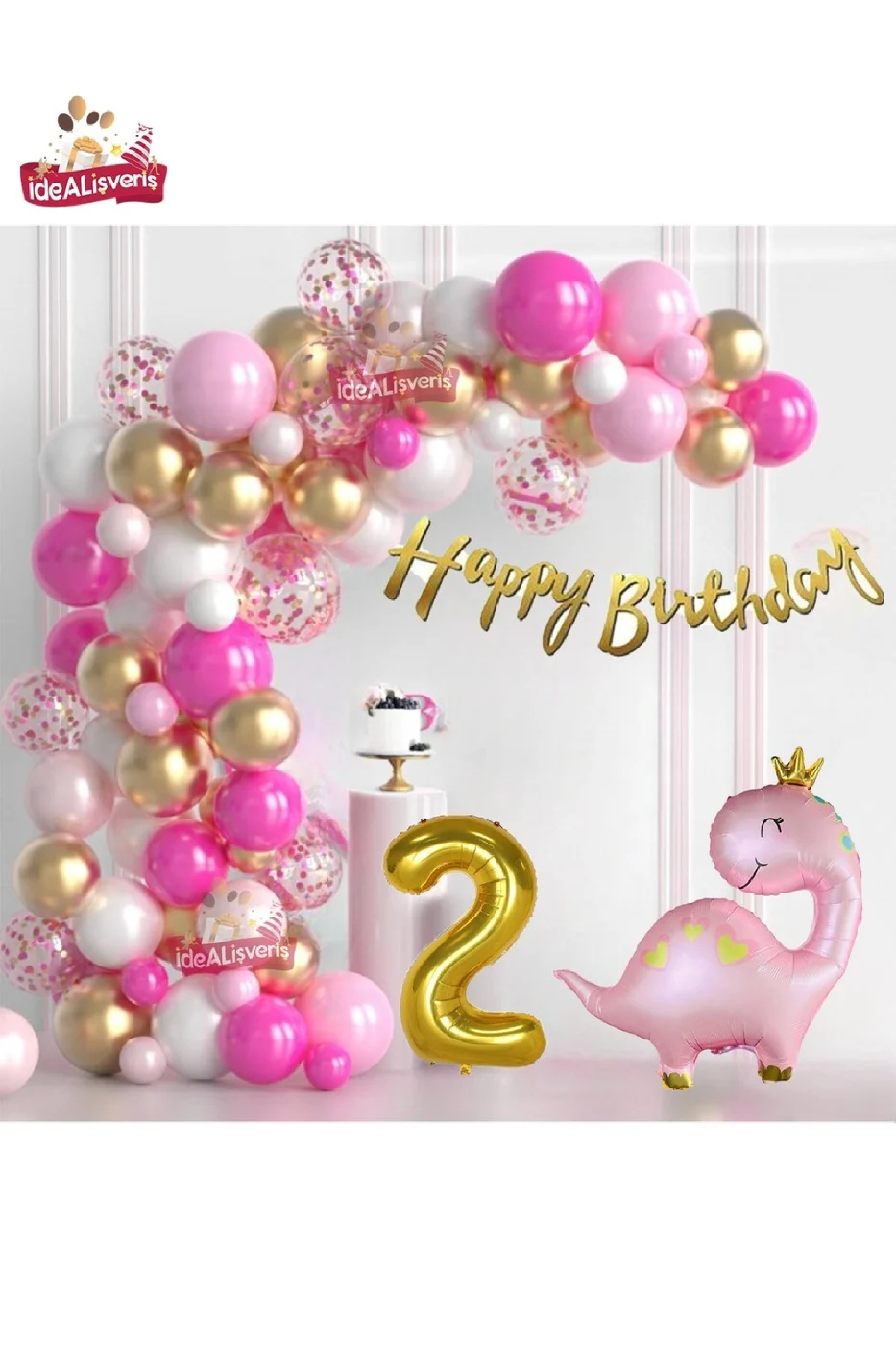 Lüks Pembe Dinozor  Yaş Folyo Balonlu Pembe Gold Beyaz Doğum Günü Parti Seti Süsü