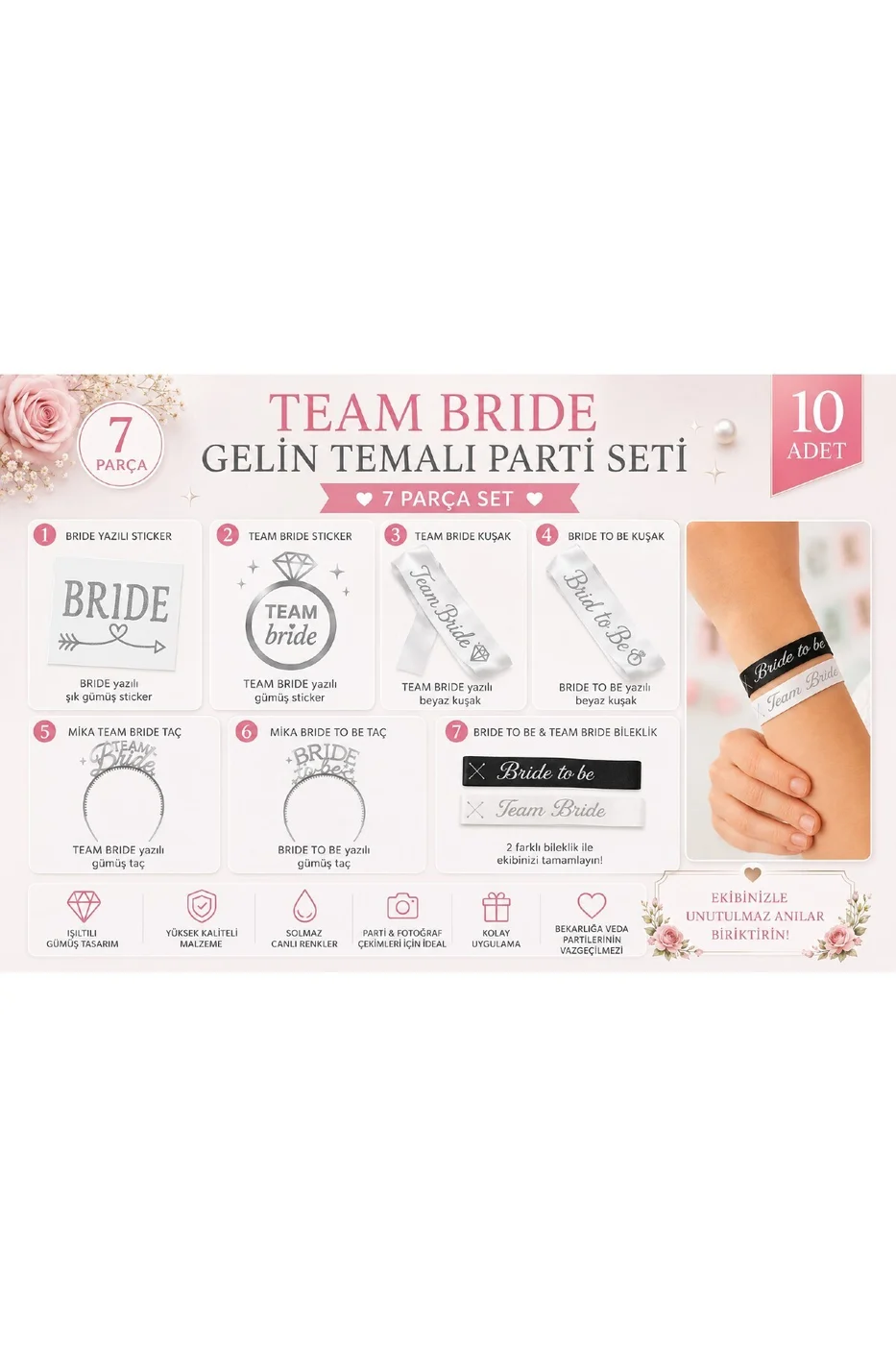 Bride Team Bride 7 Parça Bekarlığa Veda Parti Seti | Bride To Be Taç ve Kuşak, Team Bride Taç, Kuşak, Bileklik ve Dövme Organizasyon Seti gorsel 2