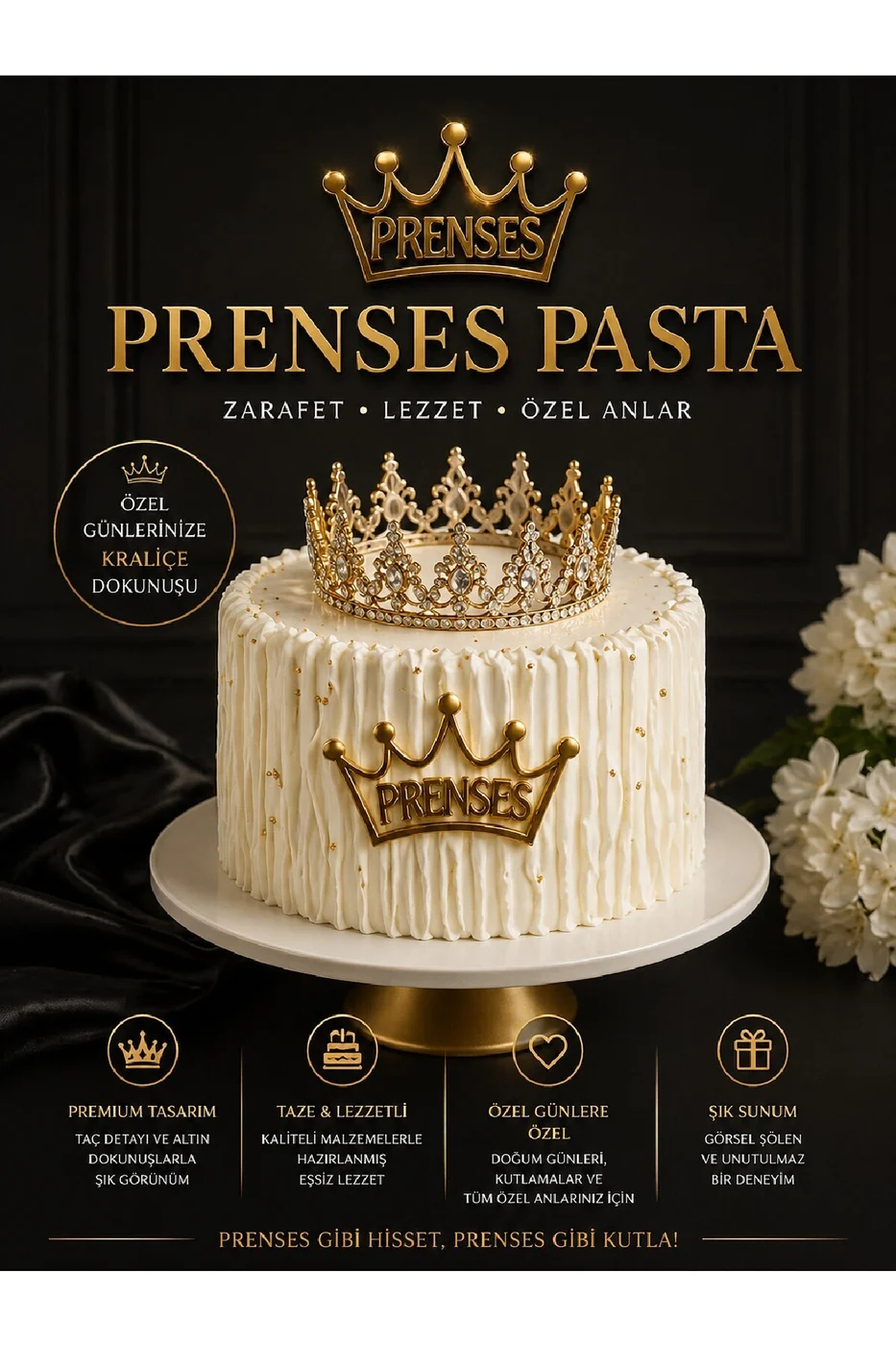 Prenses Gold Renkli Pleksi Pasta Orta Yazı 10 cm