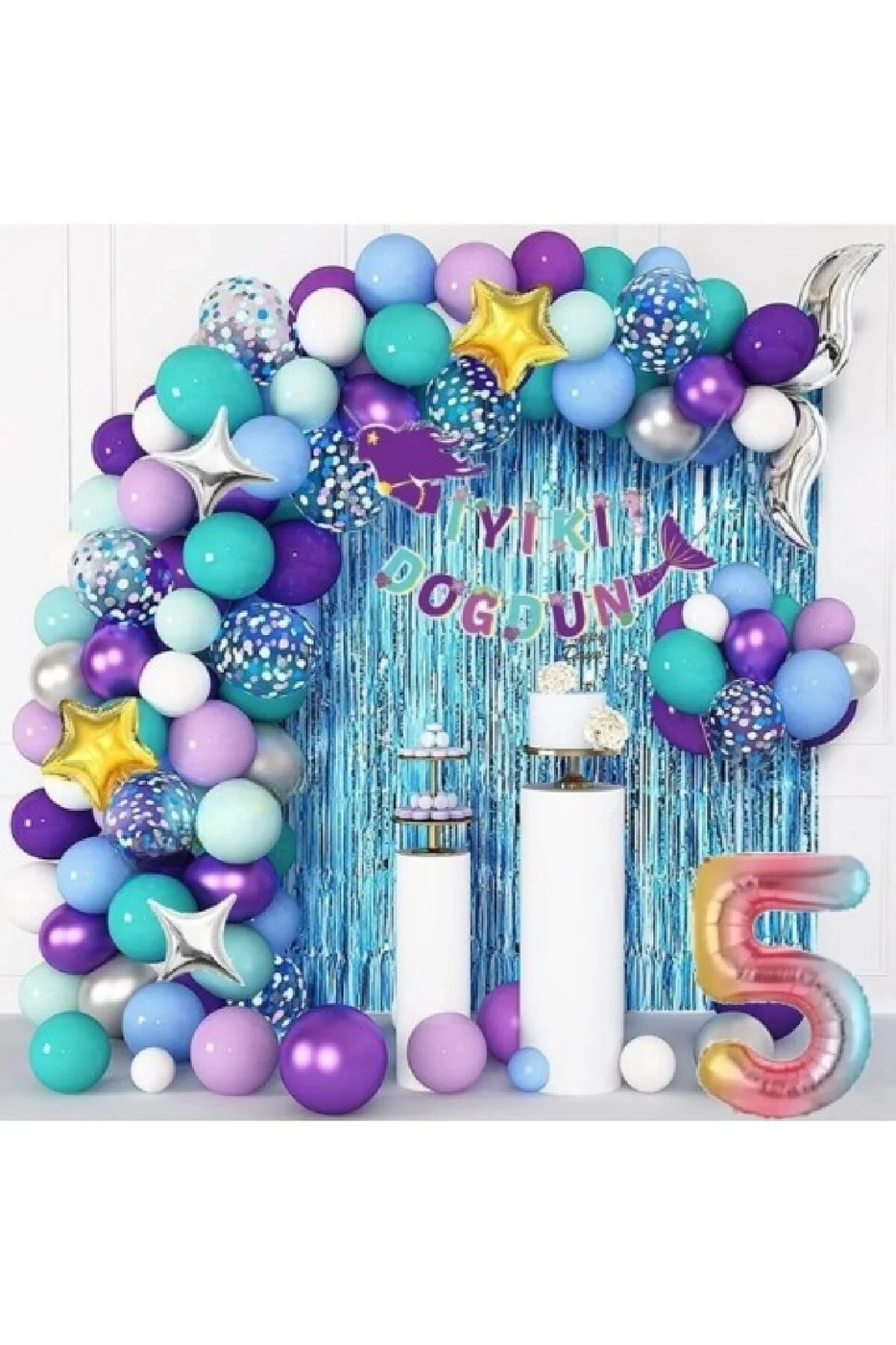 5 Yaş Gökkuşağı Folyolu Deniz Kızı Lüks  Balon Zinciri Doğum Günü Parti Seti Süsü gorsel 2