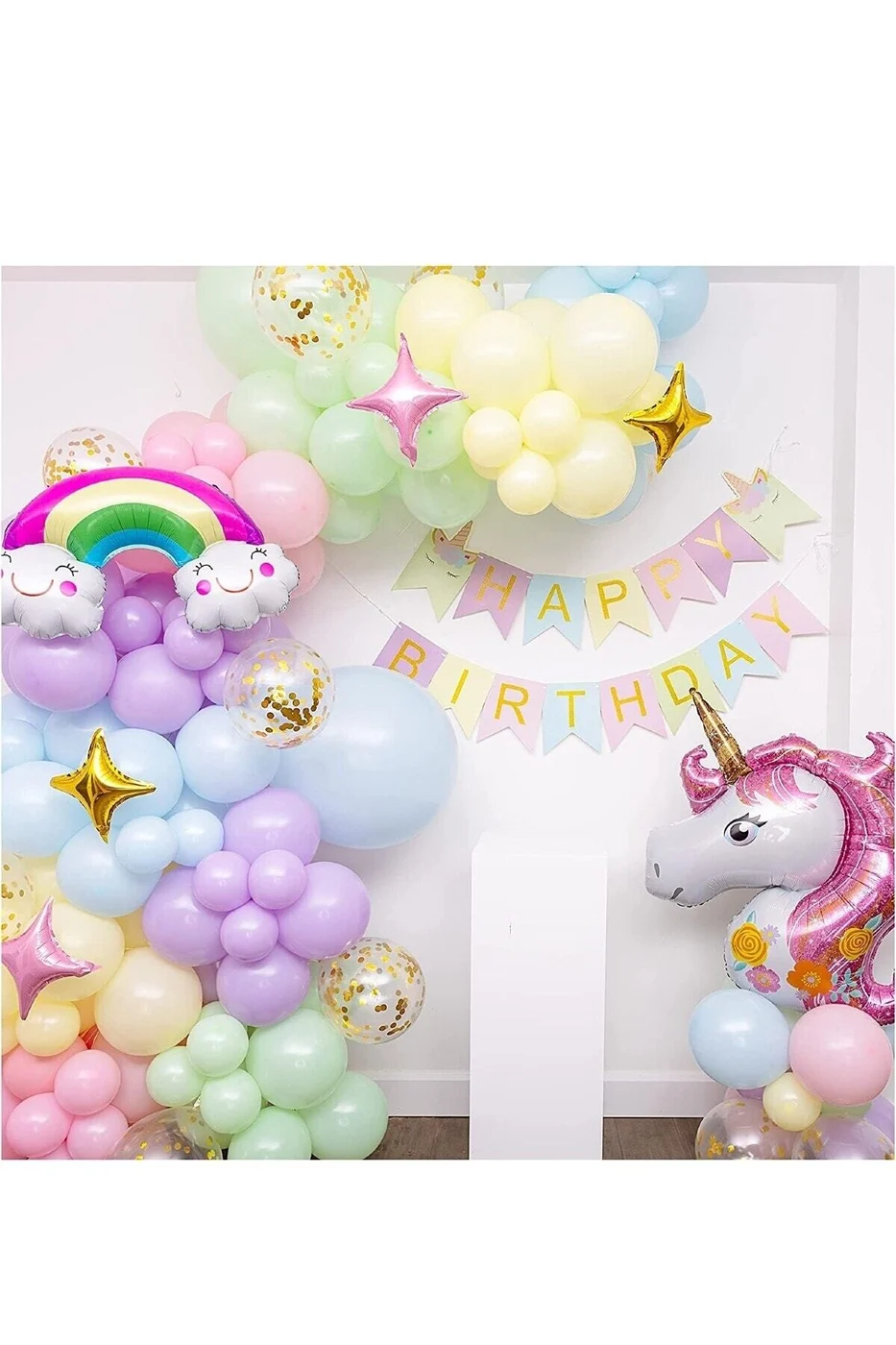 Unicorn Temalı Gökkuşağı Konsepti Makaron Balon Doğum Günü Parti Kutlama Seti Doğum Günü Süsü