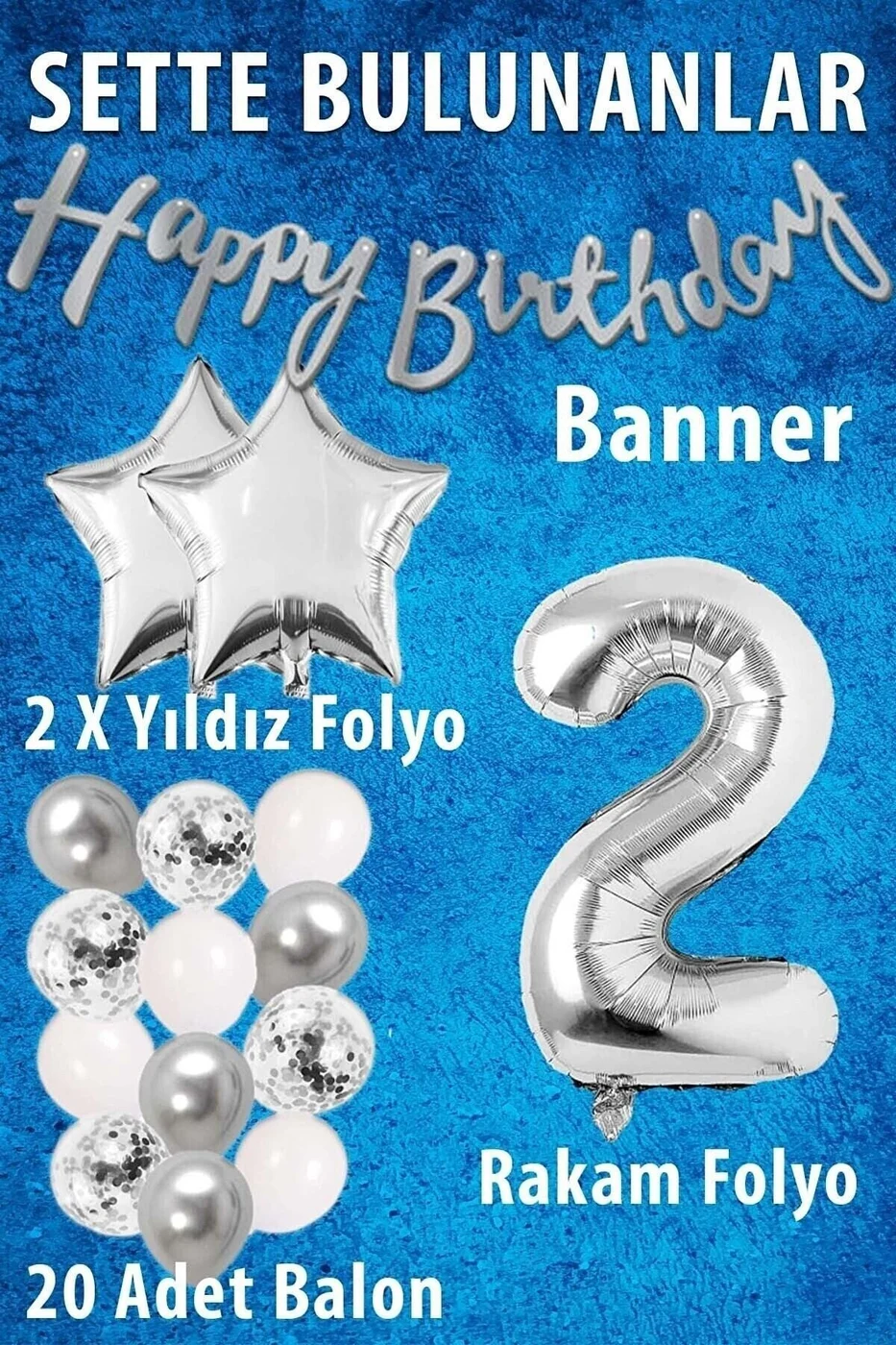 Gümüş Konsept Doğum Günü Kutlama Seti Beyaz Gümüş Konfetili Balon Rakam Yıldız Folyo Ve Banner gorsel 2