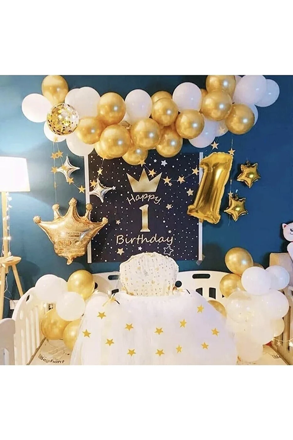 Kral Taçlı -1 Yaş Gold Zincir Balon Doğum Günü Seti