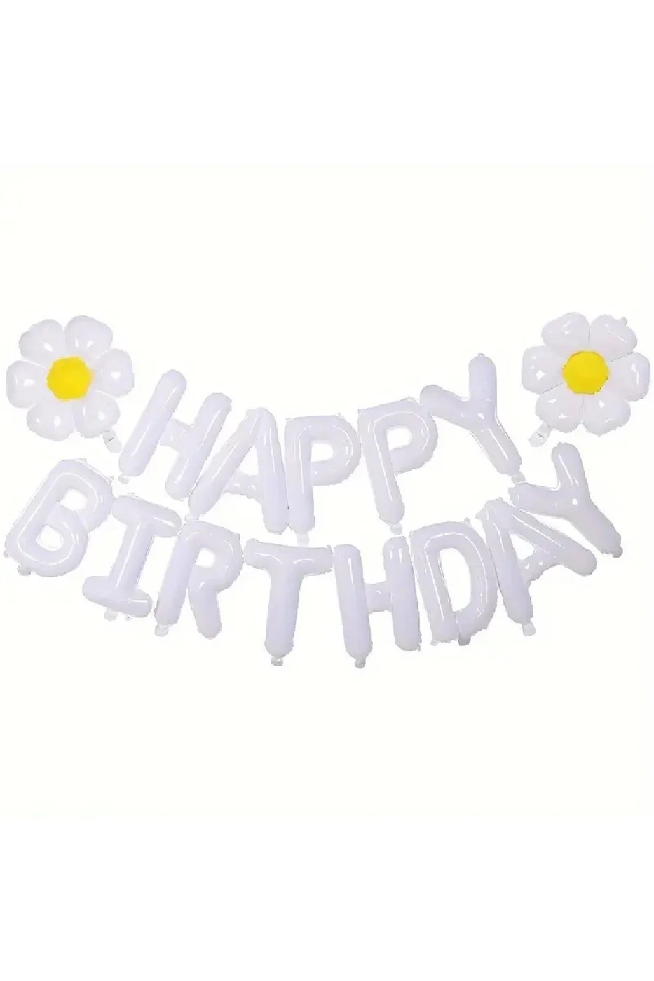 Beyaz Renk Happy Folyo Balonları Pankart Seti, 2 Papatya Balonu ile