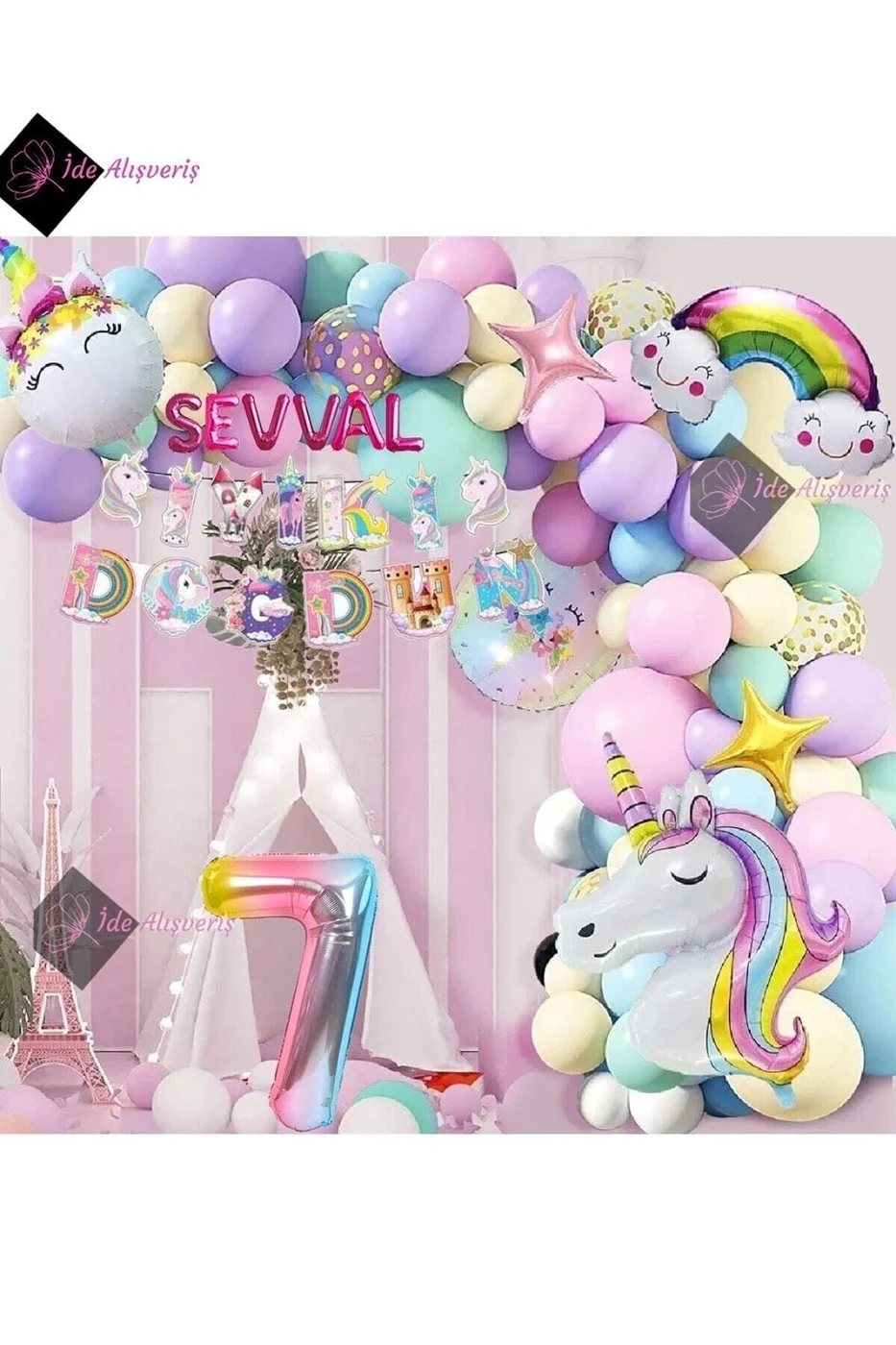 6 Harfli 7 Yaş Karakterli Unicorn Temalı Iyi Ki Doğdun Makaron Balon Doğum Günü Parti Kutlama Seti