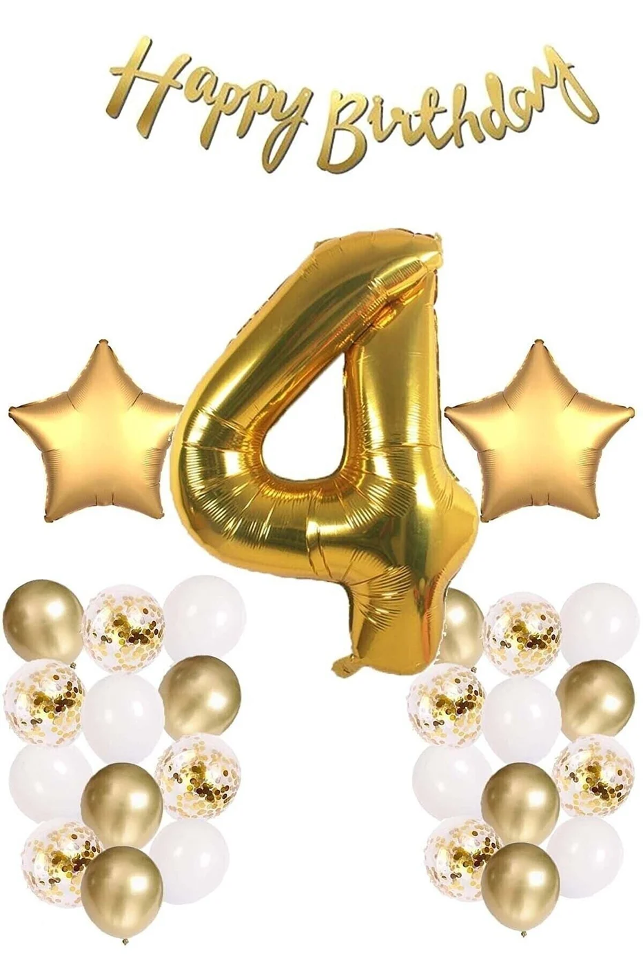 Gold Konsept Doğum Günü Kutlama Seti; Beyaz Gold Konfetili Balon, Rakam Yıldız Folyo Ve Banner