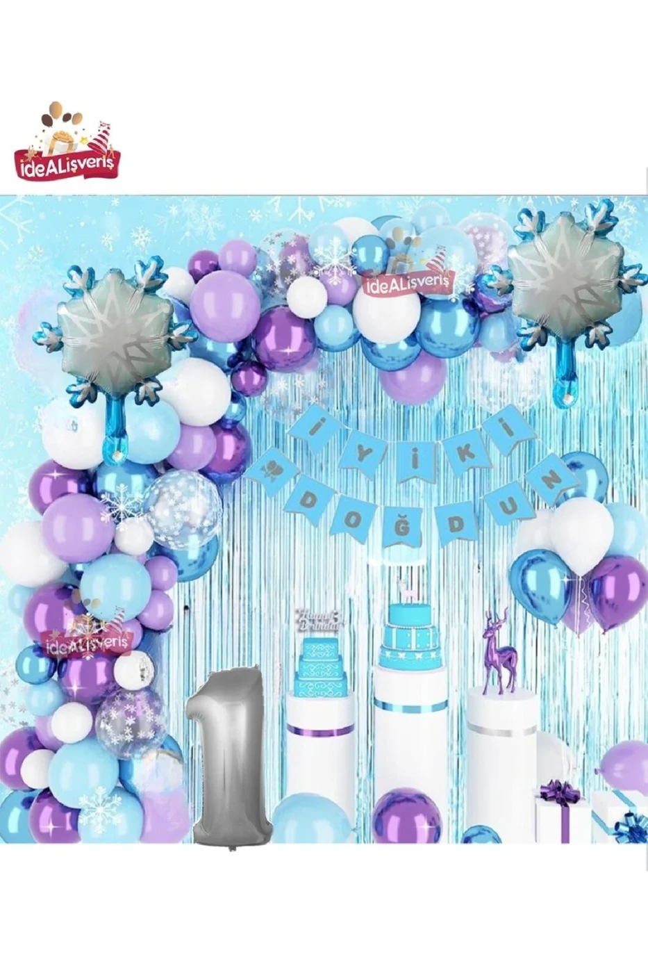 KIZ ÇOCUKLARI İÇİN LÜKS 1 YAŞ FROZEN ELSA TEMALI KAR TANESİ FOLYOLU DOĞUM GÜNÜ PARTİ SETİ SÜSÜ