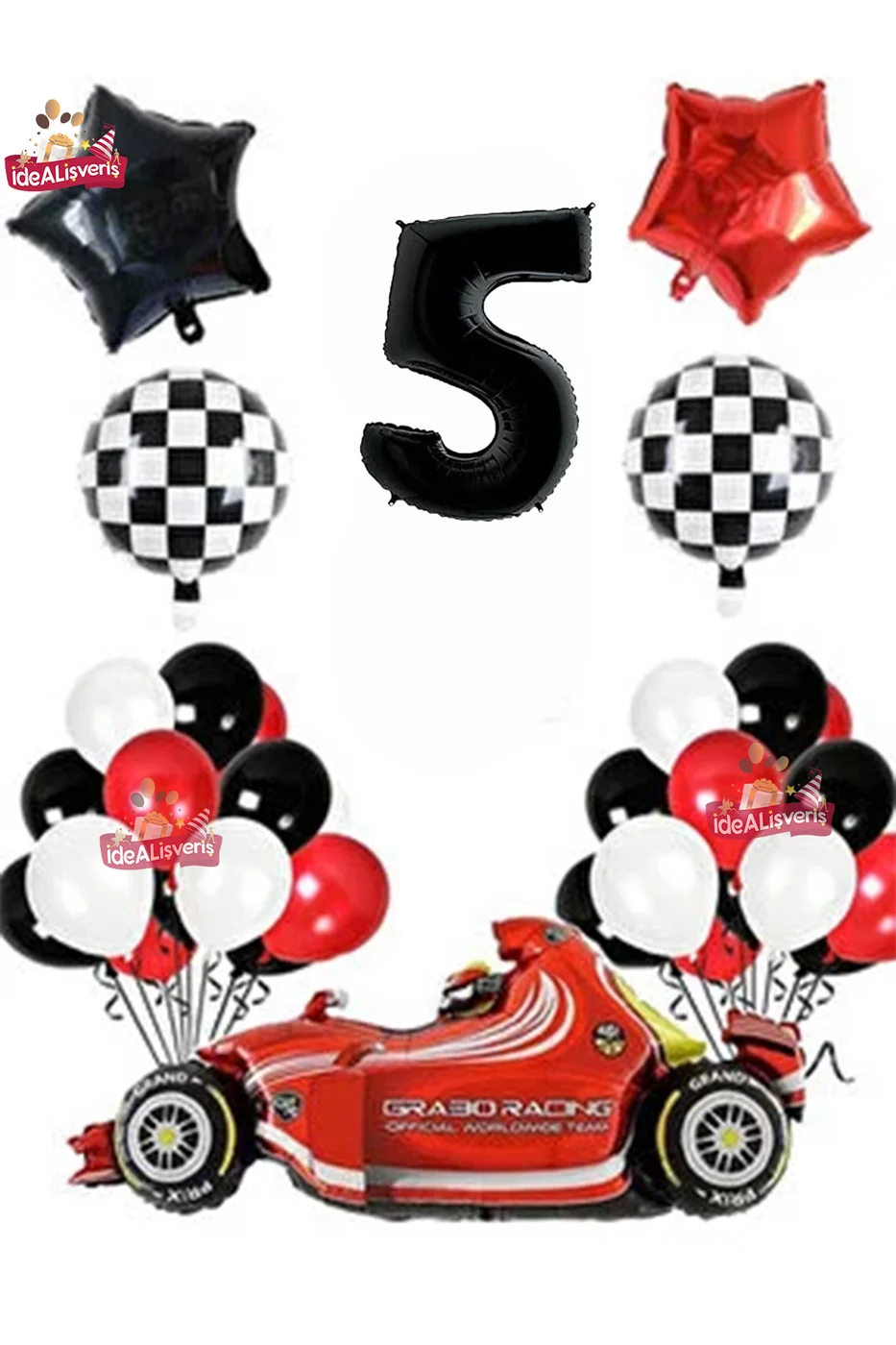 Formula Yarış Arabası 5 Yaş Siyah Kırmızı Beyaz Konsept Doğum Günü Parti Seti