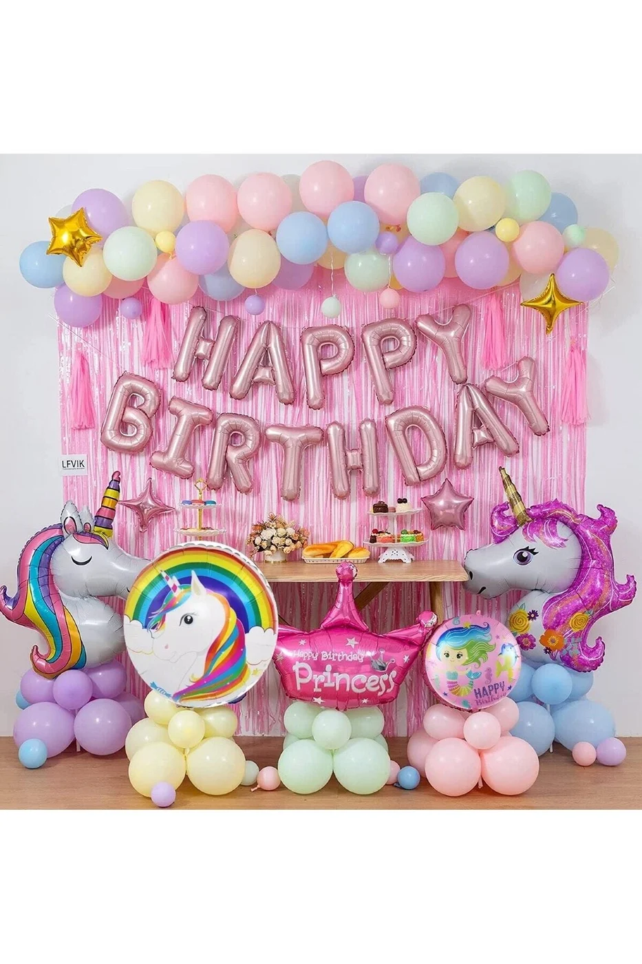 Lüks Unicorn Pembe Doğum Günü Süsü, Unicorn Folyo Balonlar Dolu Dolu Doğum Günü Parti Seti
