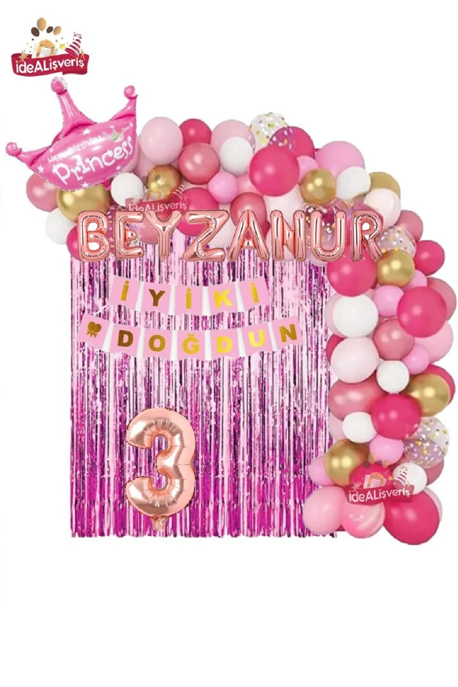 7 Harfli Rose İsimli Pembe Beyaz Konseptli Kraliçe Taçlı Doğum Günü Balon Zincir Parti Seti Süsü gorsel 3