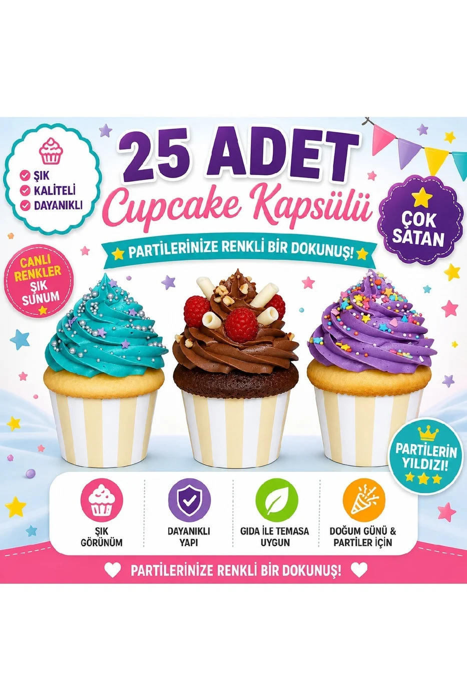 Temalı Desenli Cupcake Kapsülü 25’li – Şık Parti Muffin Kağıdı