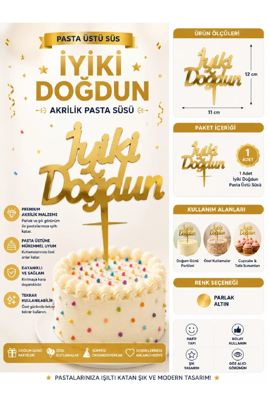 İyiki Doğdun ve Happy Birthday Pasta Üstü Süsü Yazısı Akrilik Parlak Doğum Günü Pasta Yazısı Topper 11x12 cm Doğum Günü Parti Pastası Dekoru gorsel 2