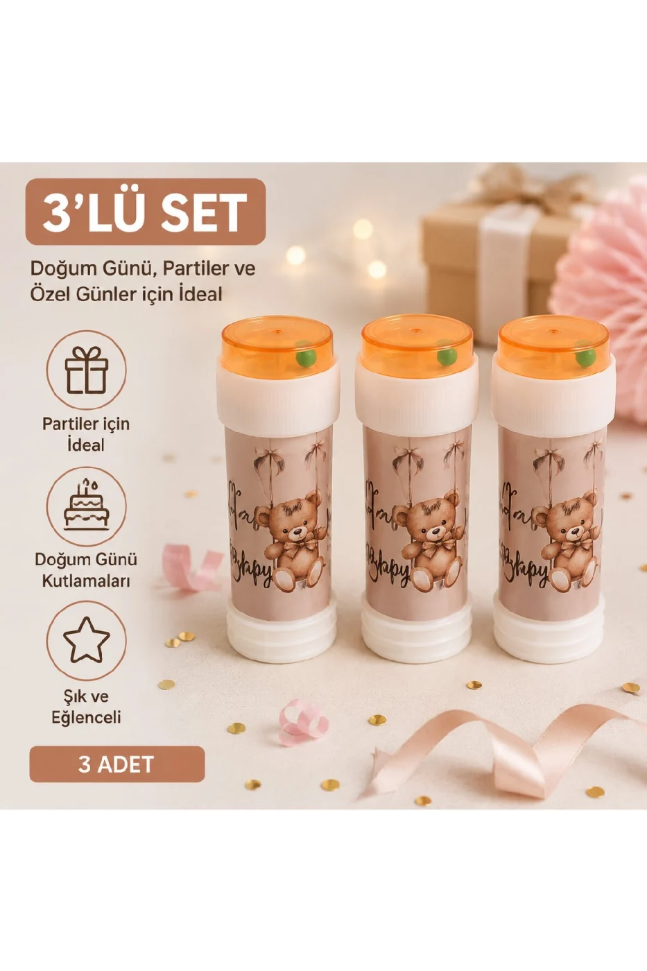Ayıcıklı Doğum Günü Baloncuk Seti 5'li Köpük Baloncuk Tüpü Parti Hediyeliği Bubble Oyuncağı gorsel 2