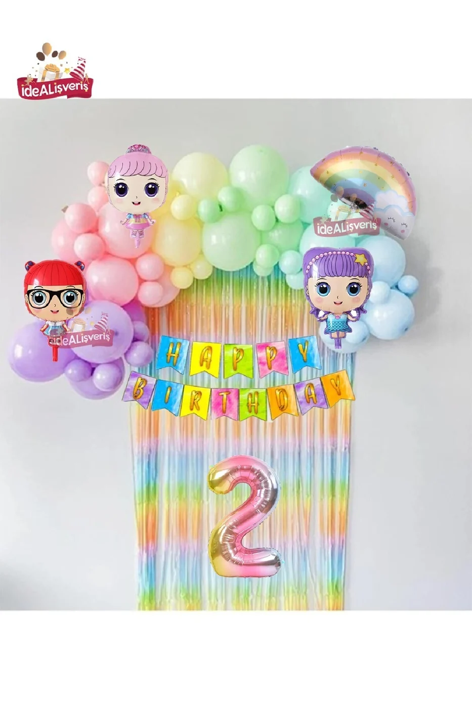 LÜKS 2 YAŞ GÖKKUŞAĞI BANNERLI ARKAFONLU BEBEK FOLYOLU BALONLU DOĞUM GÜNÜ PARTİ SETİ SÜSÜ gorsel 2