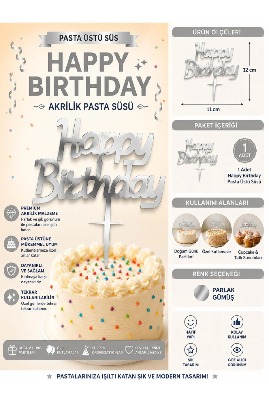 İyiki Doğdun ve Happy Birthday Pasta Üstü Süsü Yazısı Akrilik Parlak Doğum Günü Pasta Yazısı Topper 11x12 cm Doğum Günü Parti Pastası Dekoru