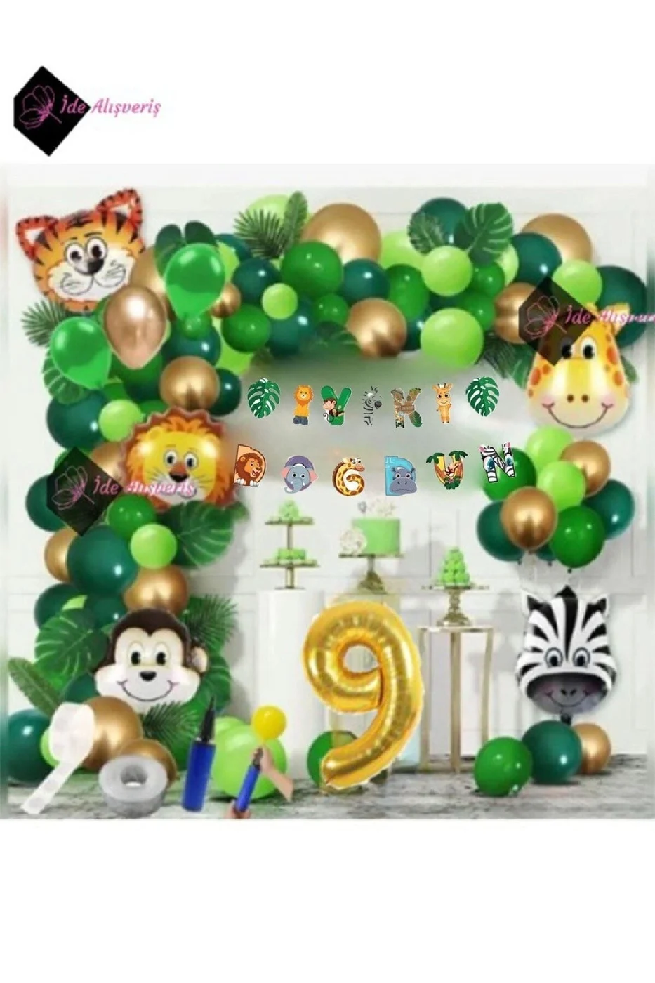 9 Yaş Iyi Ki Doğdun Uzar Yazı Safari Temalı Folyo Lüks Zincir Balon Seti