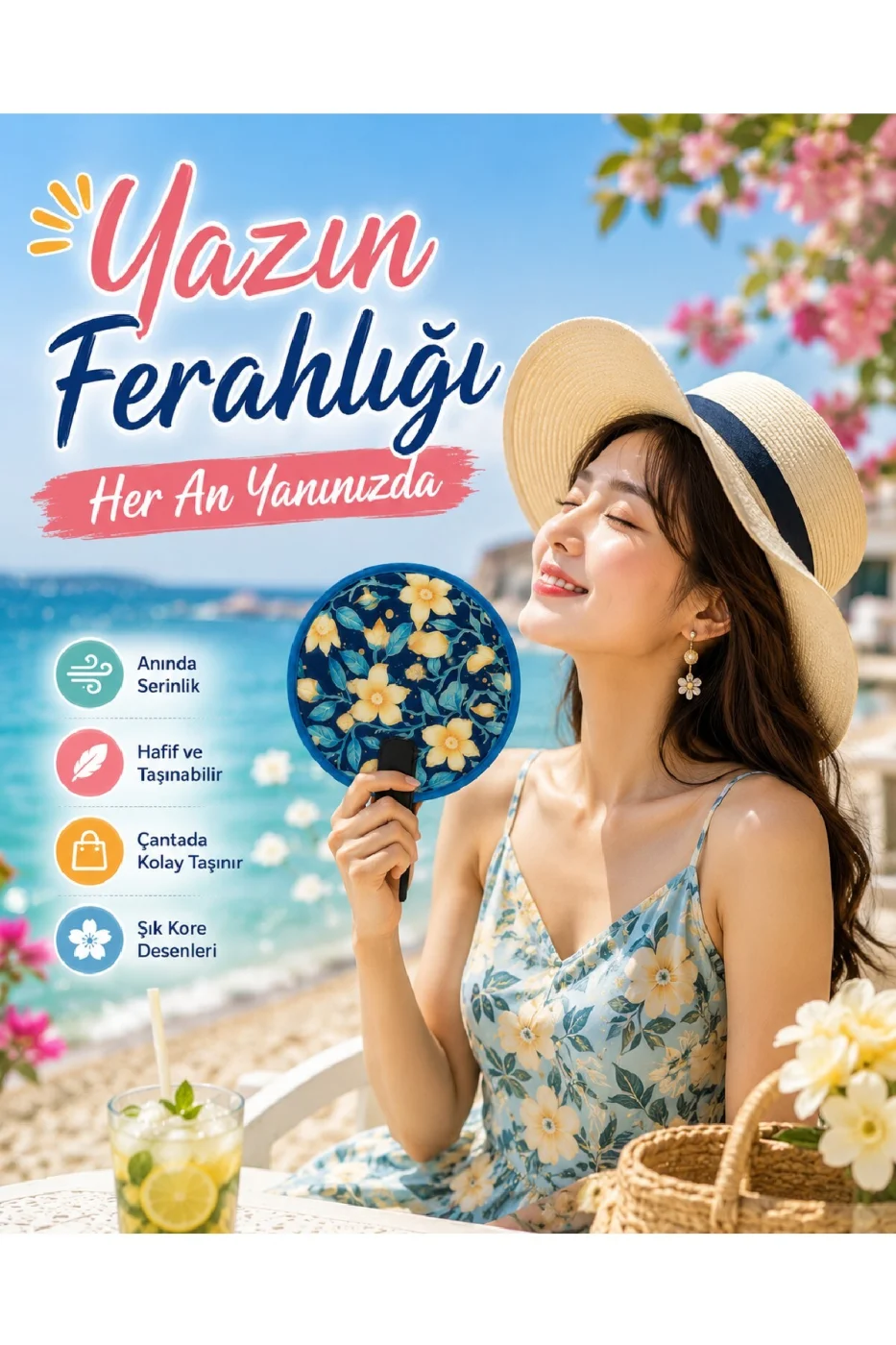Kore Desenli Katlanır El Yelpazesi | Yazlık Serinletici Yelpaze | Hafif Taşınabilir | Çanta Boy | 4 Desen Seçeneği gorsel 3