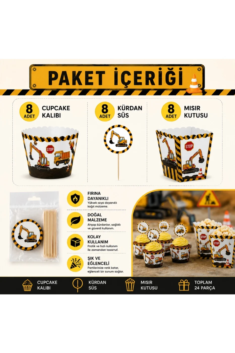 İnşaat Temalı Cupcake Sargısı ve Kürdan Seti 8'li İş Makinesi Doğum Günü Parti Süsü gorsel 2