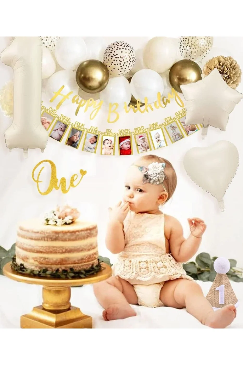 İlkDoğum Günü Dekorasyonu, Bej, Beyaz, Gold Rose Balonlar, 1. Doğum Günü, Doğum Günü Parti Seti Süsü gorsel 3