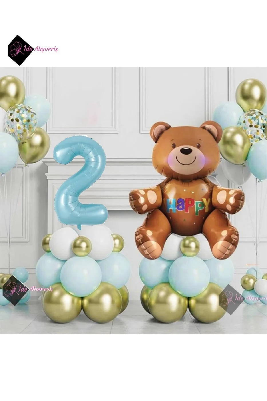 Ayıcıklı Mavi 2 Yaş Krom Balonlu Balon Seti Mavi Doğum Günü Süsü Parti Seti gorsel 2
