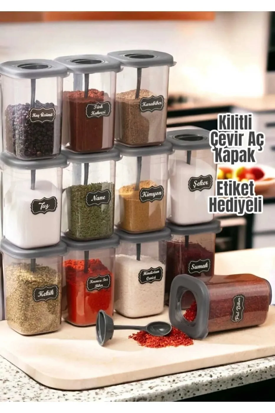 Etiketli 12'li 450ml  Kendinden Kaşıklı Kilitlenebilir Kapaklı Baharatlık Seti