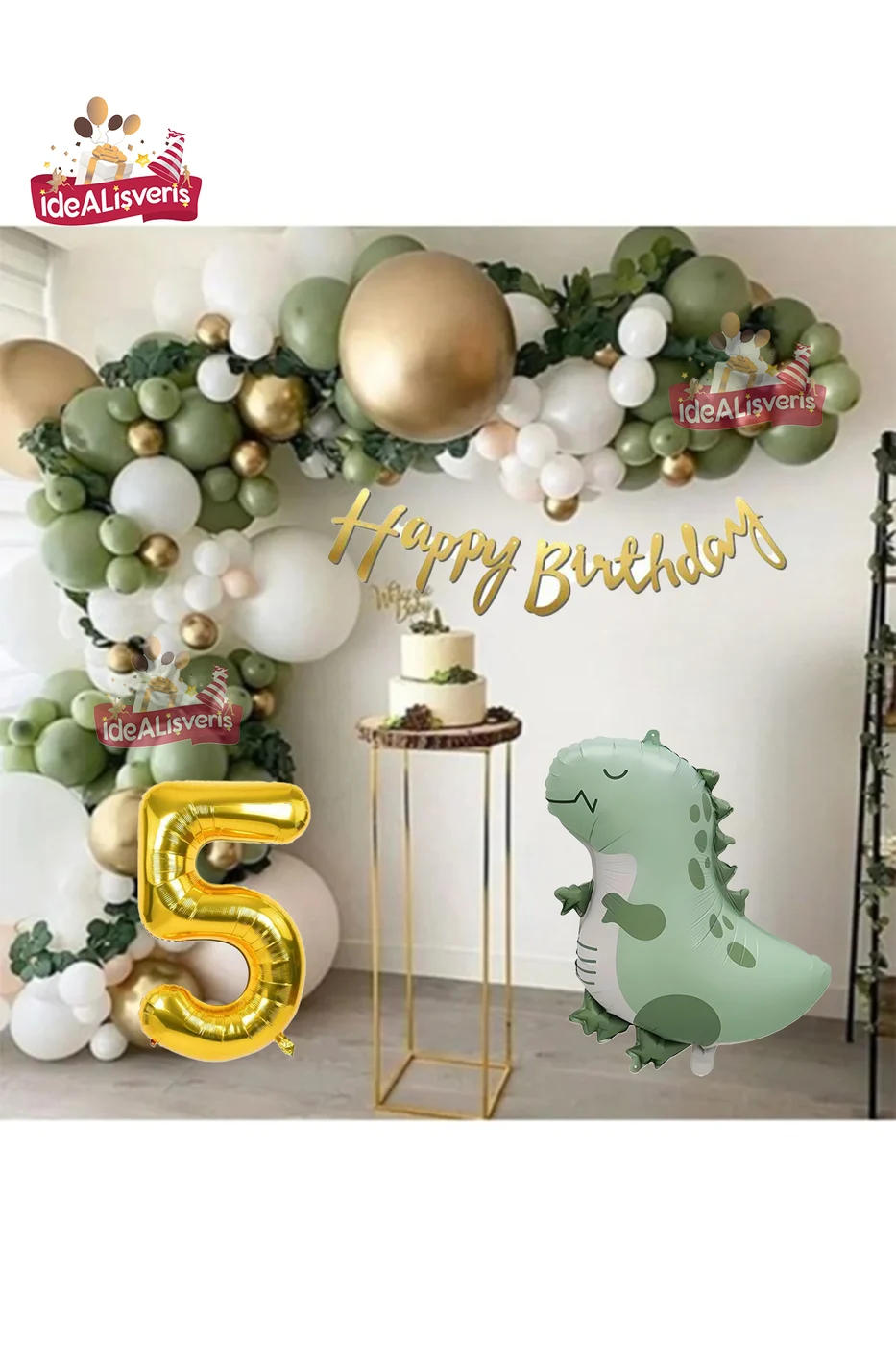 Retro Yeşil Dinazor Folyolu Küf Yeşili Gold Beyaz Balon Zinciri Seti Doğum Günü Parti Seti Süsü gorsel 5