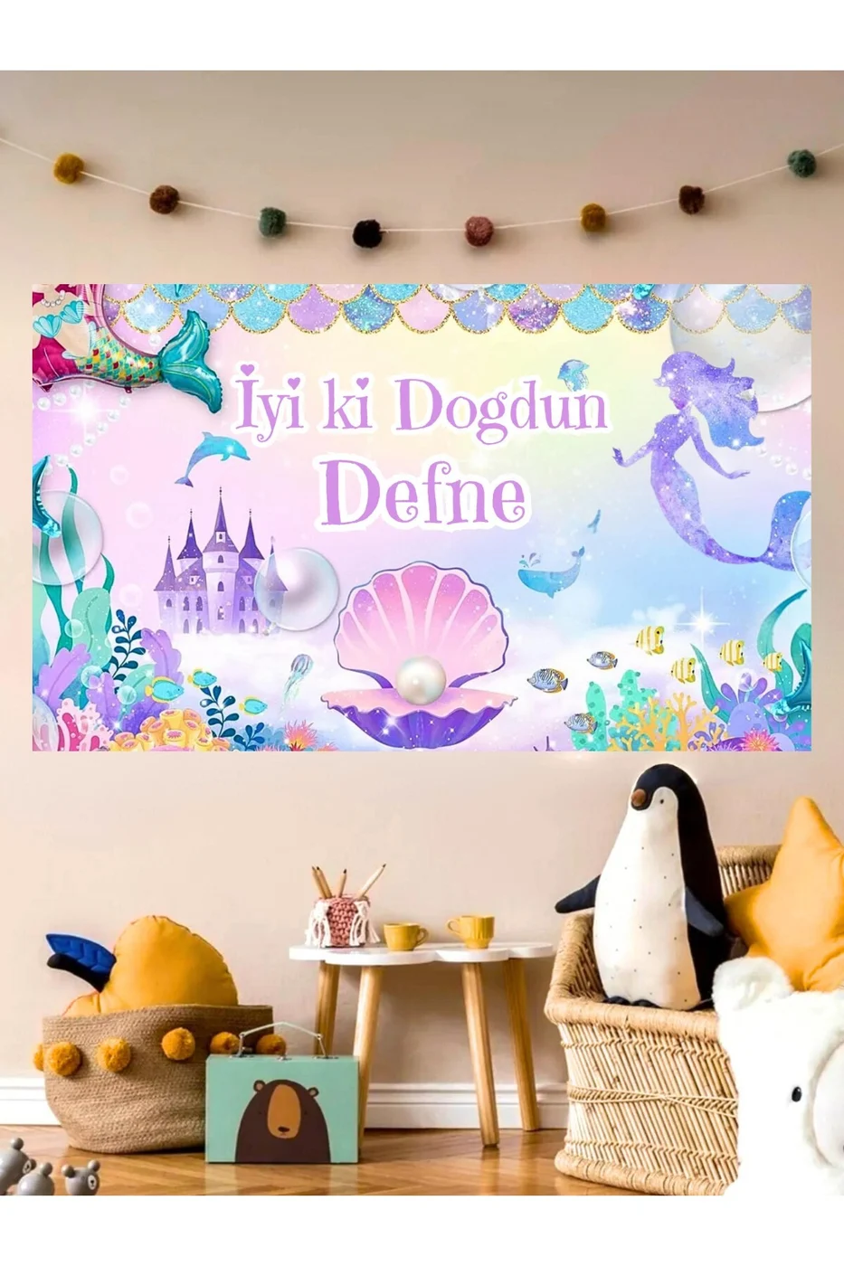 Kişiye Özel DenizKızı Temalı Özel Doğum Günü Afişi ArkaFonu Vinil Branda Pankart Doğum Günü Parti