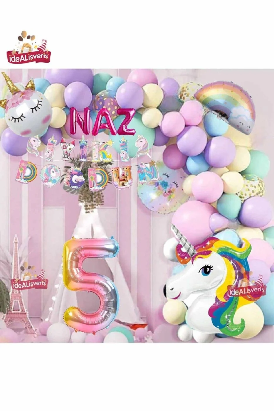 3 Harfli 5 Yaş Unicorn Temalı Iyi Ki Doğdun Makaron Balon Doğum Günü Parti Kutlama Seti Süsü gorsel 3