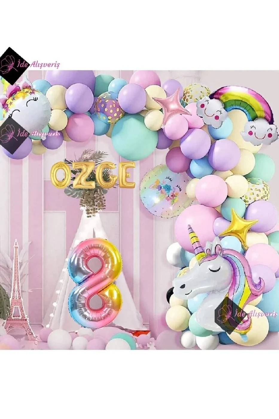 4 Harfli 8 Yaş Gökkuşağı Konsepti Unicorn Temalı Makaron Balon Doğum Günü Parti Kutlama Seti gorsel 3