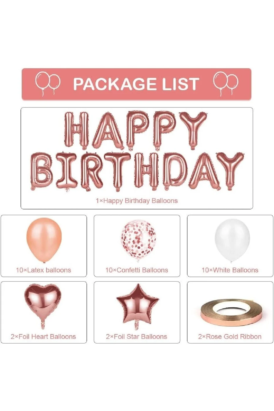 Rose Gold Happy Birthday Folyo Balon Kalpli Yıldızlı Doğum Günü Parti Seti Süsü gorsel 4