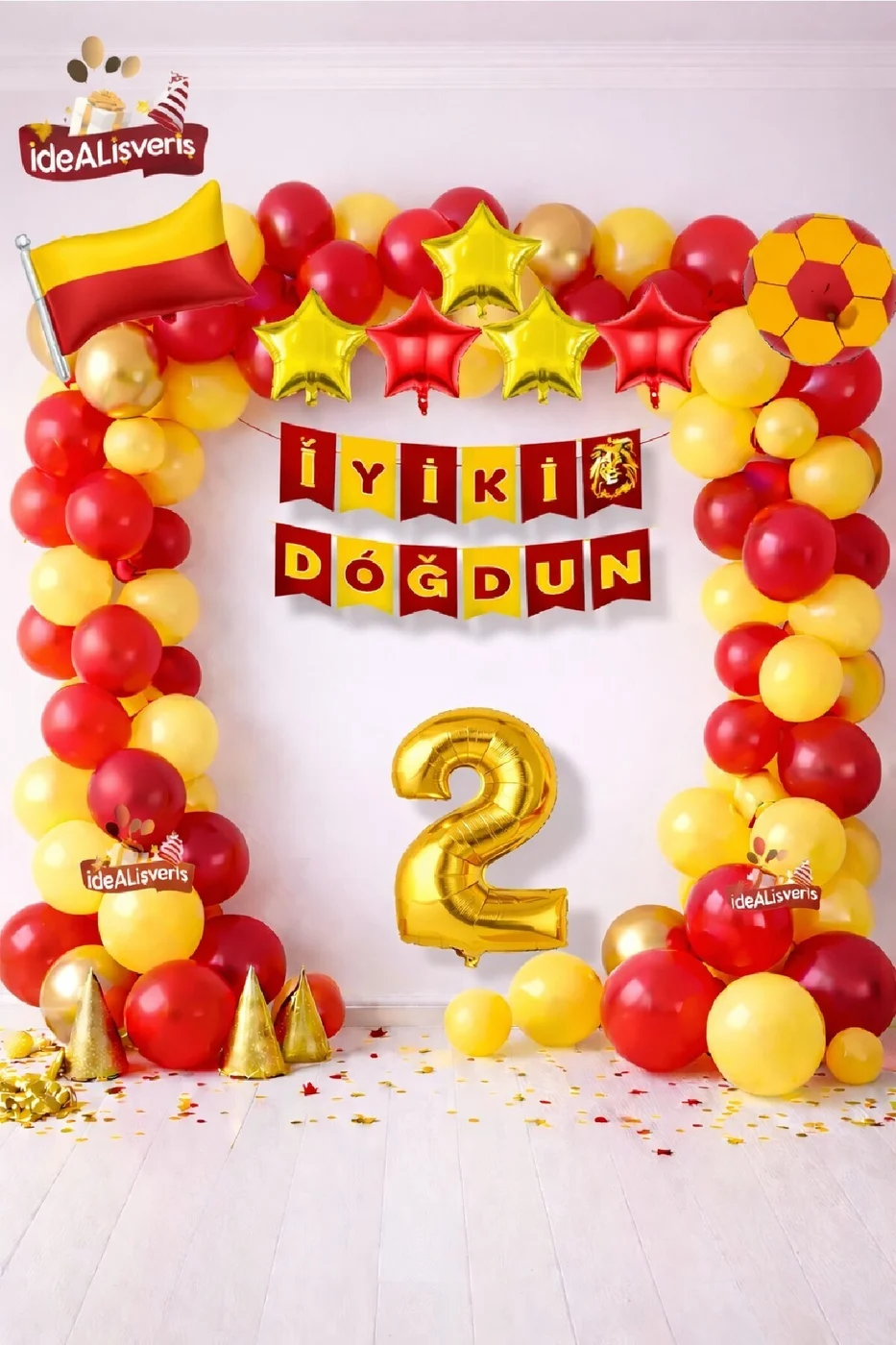 Sarı Kırmızı Bayrak Yıldız Yaş Balonlu İyiki Doğdun Doğum Günü Balon Süsleme Seti Parti Dekorasyonu