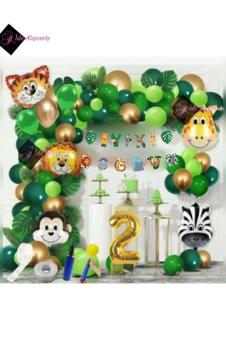 2 Yaş Iyi Ki Doğdun Uzar Yazı Safari Temalı Folyo Lüks Zincir Balon Seti