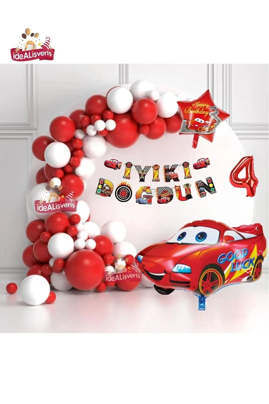 Araba Bannerli Kırmızı Araba Yıldız Folyo Balonlu Beyaz Kırmızı Konsept Doğum Günü Parti Seti Süsü gorsel 2