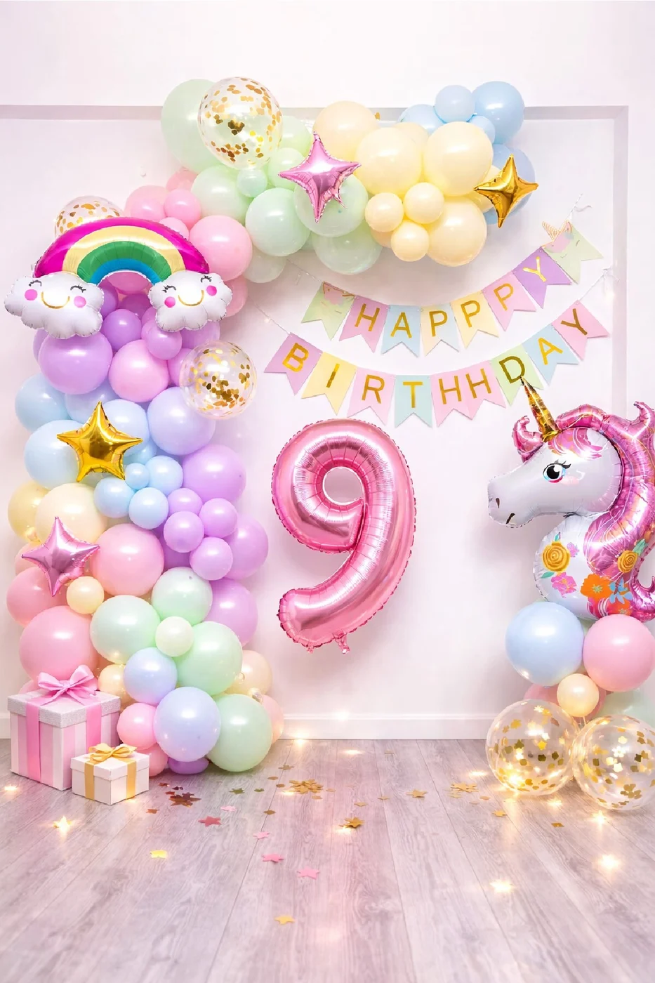 Yaş Balonlu Unicorn Temalı Pastel Doğum Günü Süsleme Seti Balon Zincirli Deluxe Parti Seti Konsepti