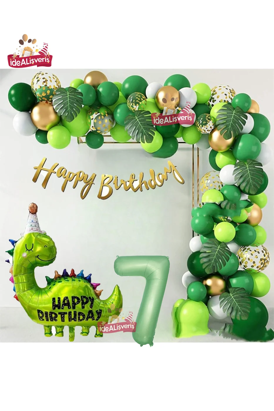 Happy Birthday Yazılı Dinozor 7 Yaş Folyo Balonlu Yeşil Gold Beyaz Doğum Günü Parti Seti
