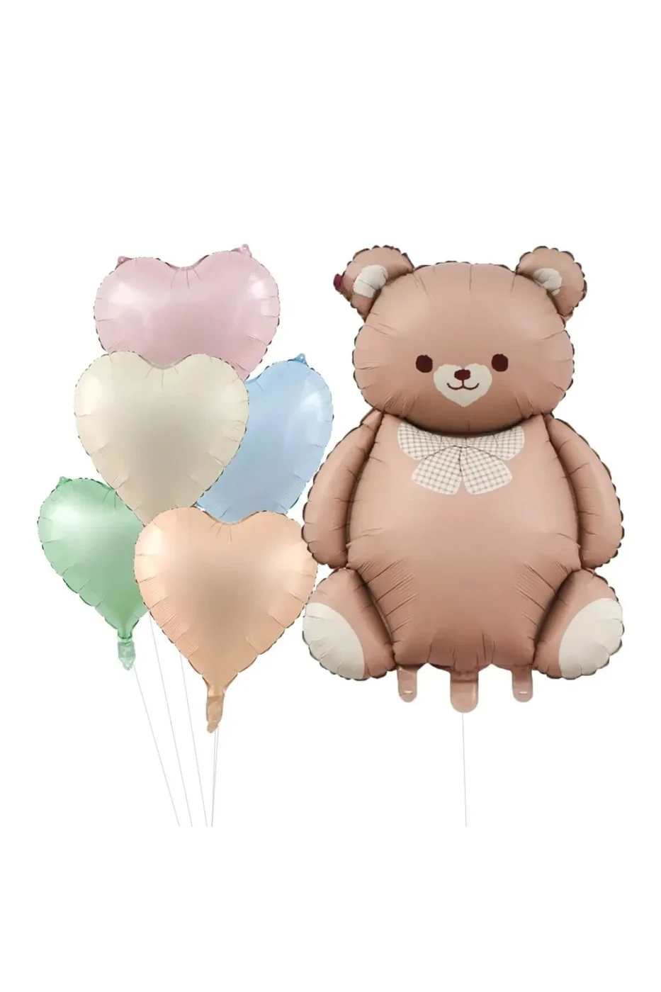 Retro Karamel Papyonlu Sevimli Ayı Folyo Balon 5 Renk Kalp Folyo Balonlu Doğum Günü Parti Seti Süsü gorsel 3