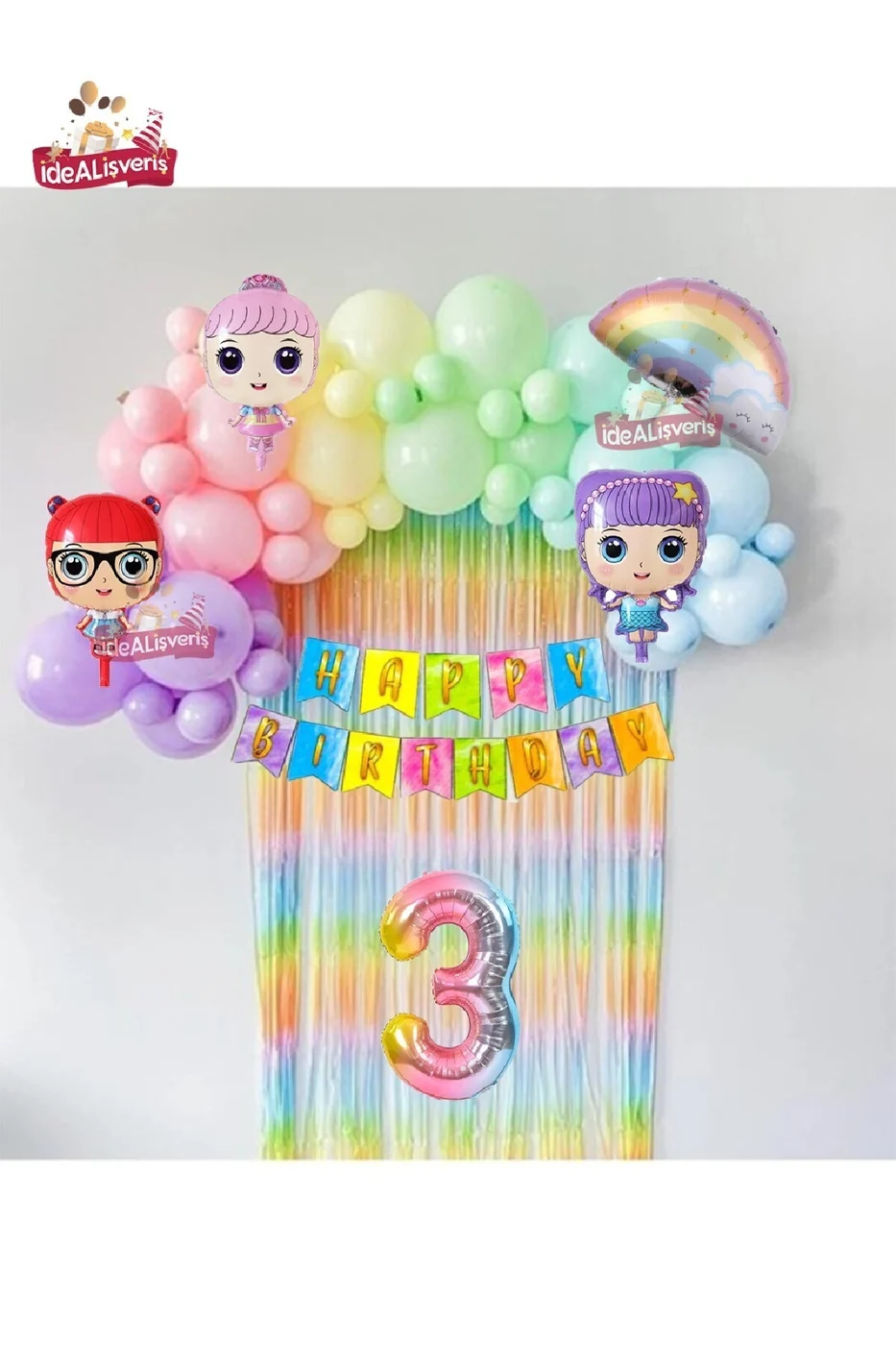 LÜKS 3 YAŞ GÖKKUŞAĞI BANNERLI ARKAFONLU BEBEK FOLYOLU BALONLU DOĞUM GÜNÜ PARTİ SETİ SÜSÜ gorsel 3