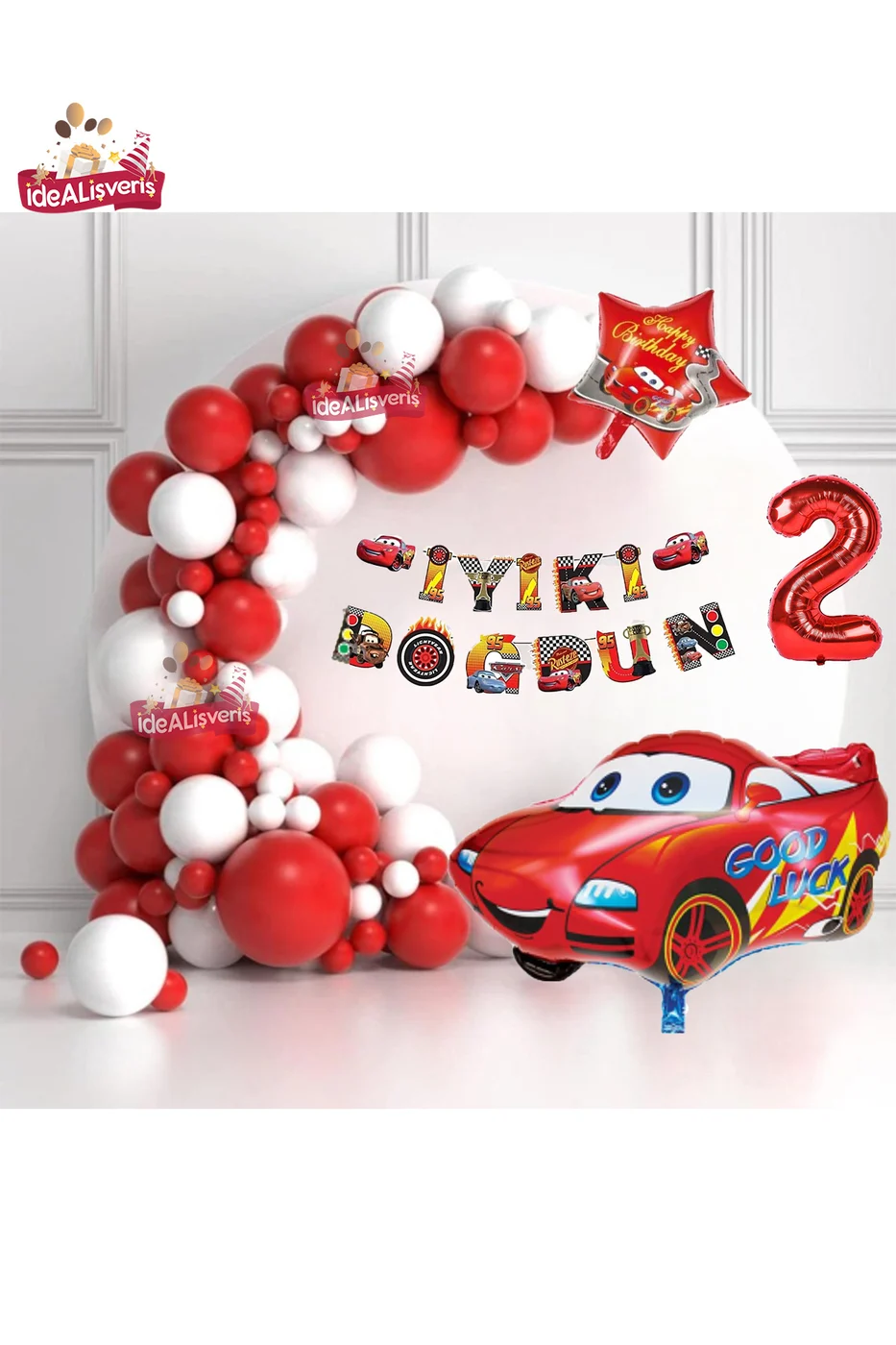 Bannerli 2 Yaş Yıldız Araba Folyo Balonlu Kırmızı Beyaz Konsept Doğum Günü Parti Seti