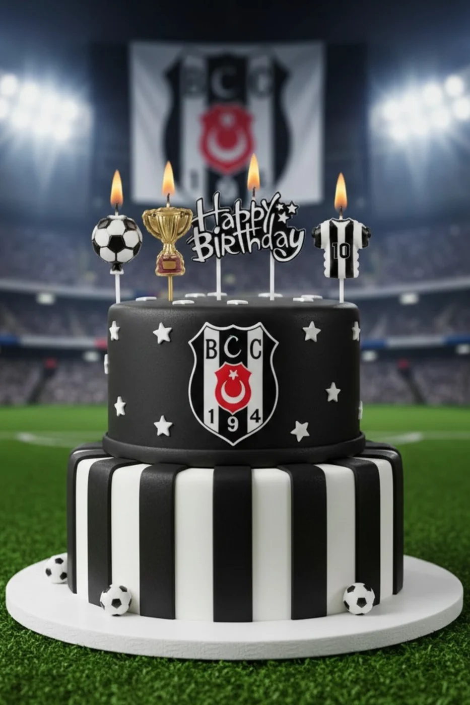 SİYAH BEYAZ FUTBOL TOPLU FORMALI HAPPY BİRTHDAY 4 LÜ MUM SETİ gorsel 4