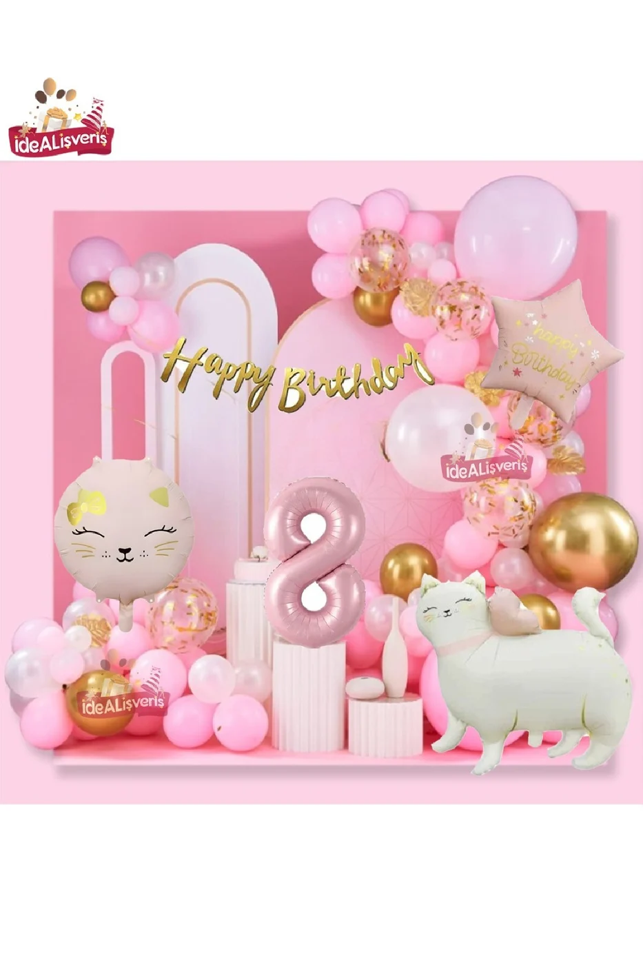 Yıldız ve Kedi Folyo Pembe 8 Yaş Folyo Balonlu İyi Ki Doğdun Yazılı Pembe Gold Doğum Günü Parti Seti