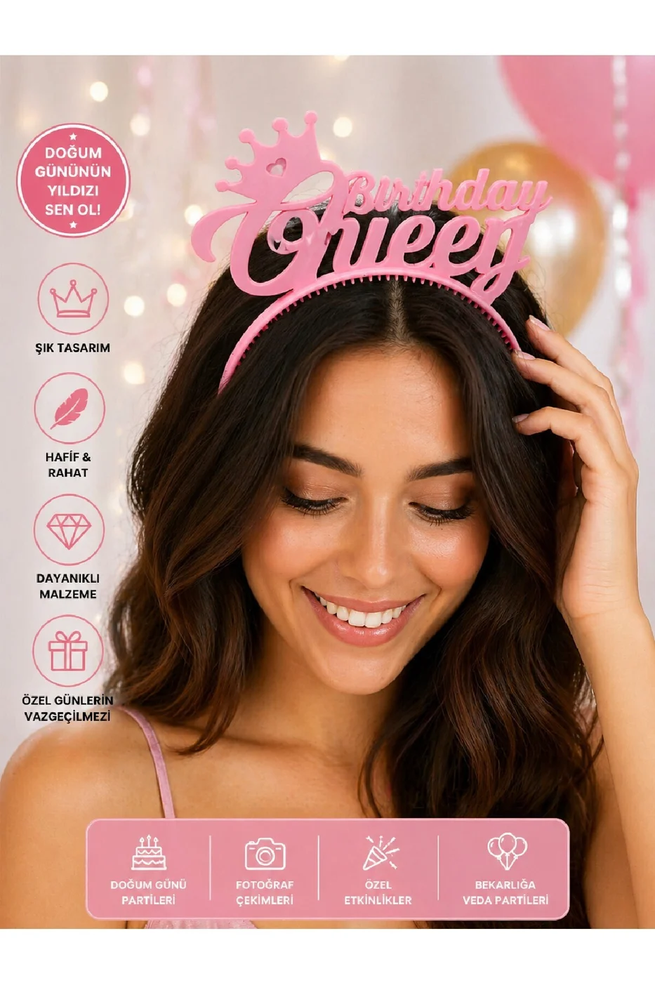 Birthday Queen Taç Renkli – Doğum Günü Tacı, Parti Tacı, Bekarlığa Veda Aksesuarı ( Pembe ) gorsel 6