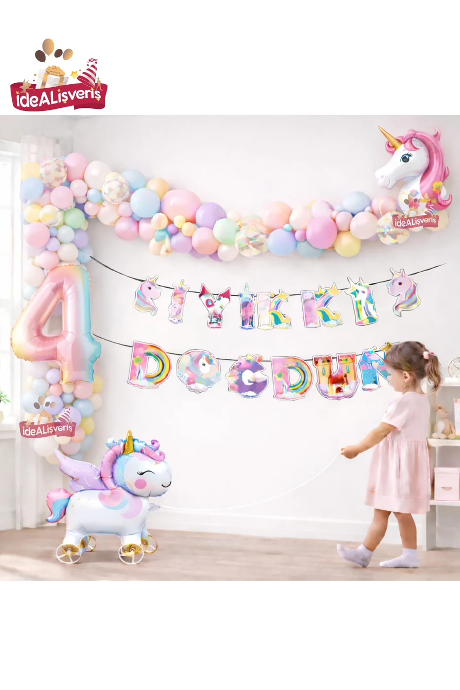 Tekerlekli Unicorn Doğum Günü Konsept Seti – Çekilebilir Folyo Yaş Balonlu Makaron Balon Zinciri