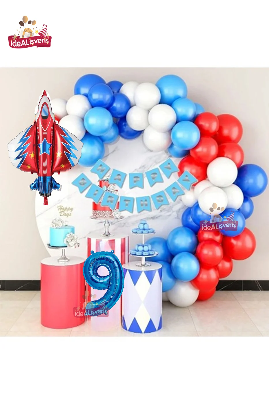 Jet Uçak Mavi 9 Yaş Folyolu Kırmızı Beyaz Mavi Balon Zincir Doğum Günü Seti