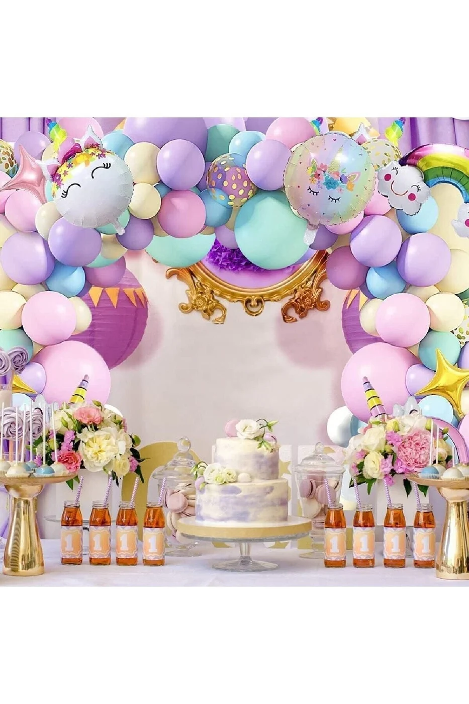 2 Yaş Ve 3 Harfli Gökkuşağı Konsepti Unicorn Temalı Makaron Balon Doğum Günü Parti Kutlama Seti gorsel 2