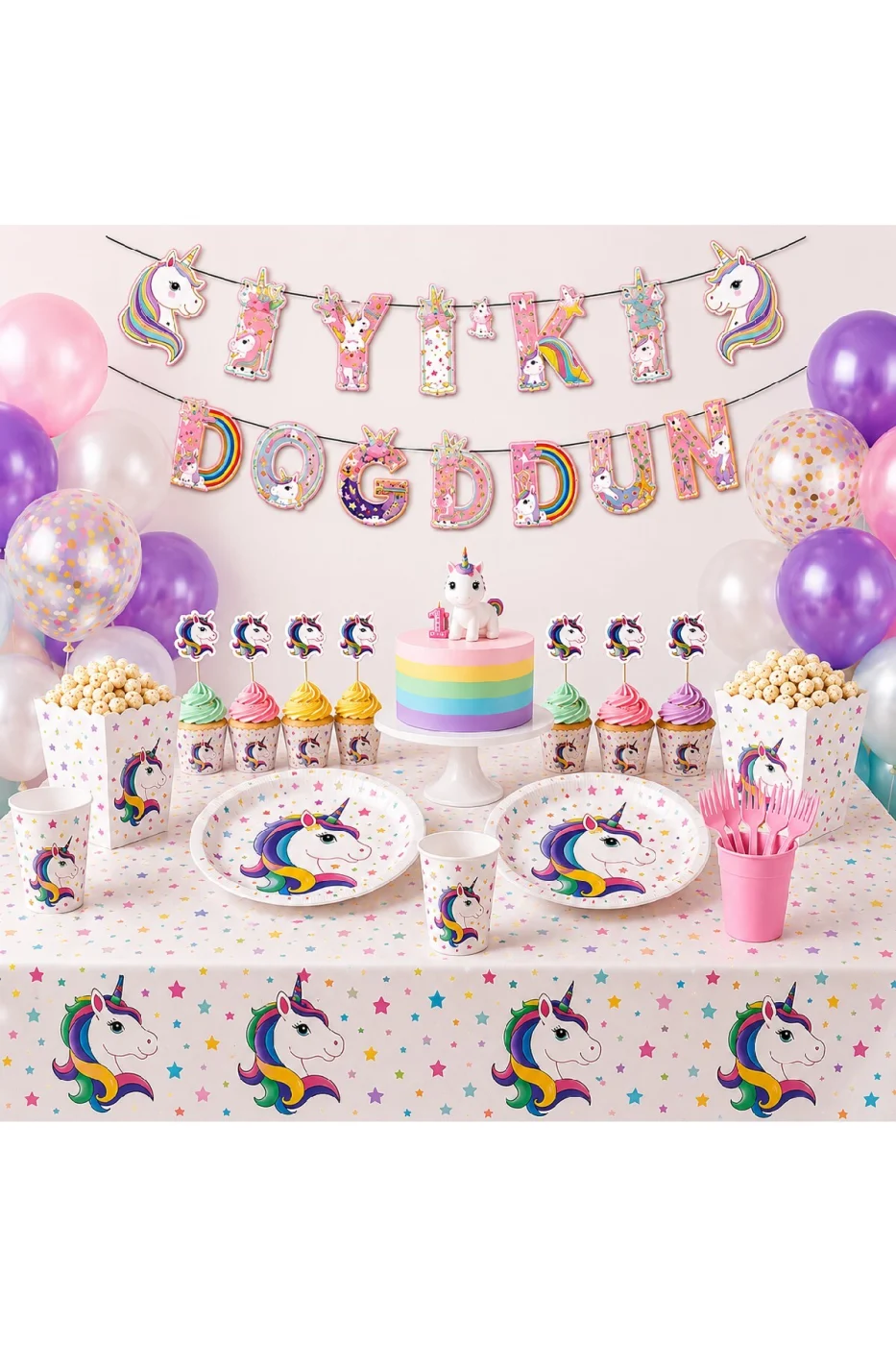 Unicorn Doğum Günü Parti Seti 8 Kişilik Komple Konsept Parti Süsleri Masa Süsleme Seti gorsel 2